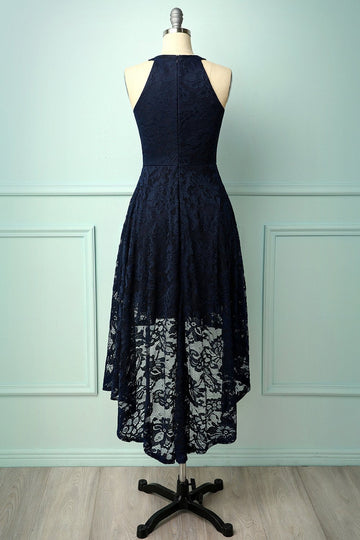 Vestido assimétrico de renda azul marinho